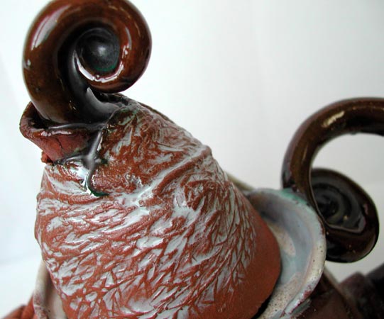 Teapot, detail, red clay, hand-built